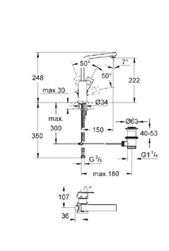 GROHE EUROCUBE umyvadlová stojánková baterie 150mm, s odtokovou soupravou, chrom 2313500E Technický nákres