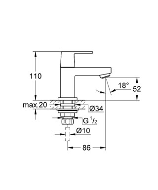 GROHE EUROCUBE umyvadlová stojánková baterie, chrom 23137000 Technický nákres