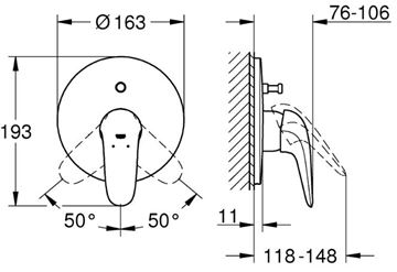 GROHE EUROSTYLE vanová podomítková baterie, s přepínačem, chrom 29099003 Technický nákres