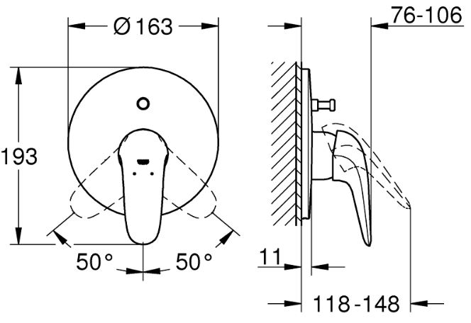 GROHE EUROSTYLE vanová podomítková baterie, s přepínačem, chrom 29099003 Technický nákres