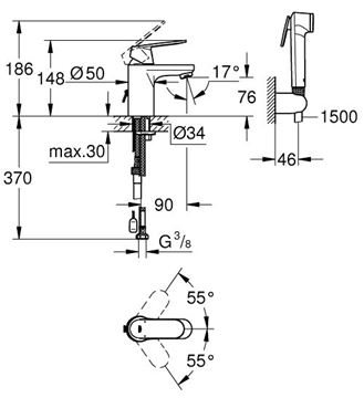 GROHE EUROSMART COSMOPOLITAN umyvadlová stojánková baterie, s bidetovou sprškou, chrom 23125000 Technický nákres