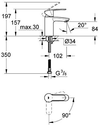 GROHE EUROSTYLE COSMOPOLITAN umyvadlová stojánková baterie, studený start, chrom 2337320E Technický nákres