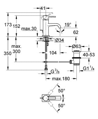 GROHE ALLURE umyvadlová stojánková baterie, s odtokovou soupravou, chrom 32757000 Technický nákres