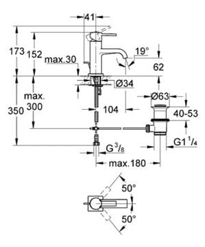 GROHE ALLURE umyvadlová stojánková baterie, s odtokovou soupravou, chrom 32757000 Technický nákres
