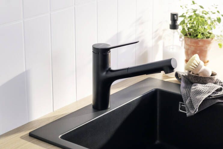 HANSGROHE ZESIS M33 dřezová baterie, s vytahovací sprškou, sBox lite, matná černá 74803670 Obrázek - fotka