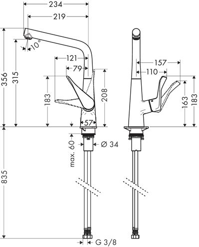 HANSGROHE METRIS M71 dřezová baterie, sklopná pod okno, chrom 14823000 Technický nákres