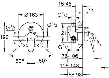 GROHE EUROSTYLE vanová podomítková baterie, s přepínačem, s tělesem, chrom 23730003 Technický nákres