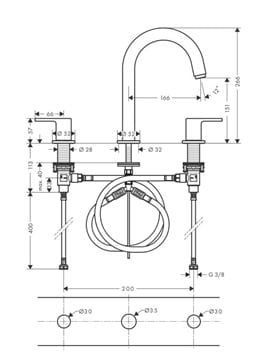 HANSGROHE VERNIS SHAPE umyvadlová stojánková baterie 3-otvorová, s odtokovou soupravou, EcoSmart, matná černá 71563670 Technický nákres