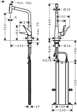 HANSGROHE METRIS SELECT M71 dřezová baterie, s vytahovací sprškou, sBox, chrom 73816000 Technický nákres