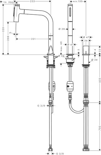 HANSGROHE METRIS SELECT M71 dřezová baterie, s vytahovací sprškou, chrom 73819000 Technický nákres