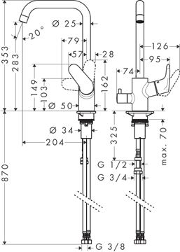 HANSGROHE FOCUS M41 dřezová baterie, s ventilem pro myčku, chrom 31823000 Technický nákres