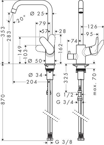 HANSGROHE FOCUS M41 dřezová baterie, s ventilem pro myčku, chrom 31823000 Technický nákres