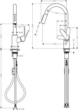 HANSGROHE FOCUS M41 dřezová baterie, s vytahovací sprškou, EcoSmart, chrom 31833000 Technický nákres