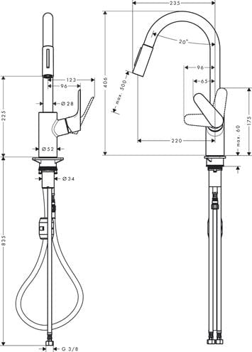 HANSGROHE FOCUS M41 dřezová baterie, s vytahovací sprškou, EcoSmart, chrom 31833000 Technický nákres