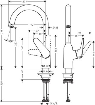 HANSGROHE FOCUS M42 dřezová baterie, nerez 71802800 Technický nákres