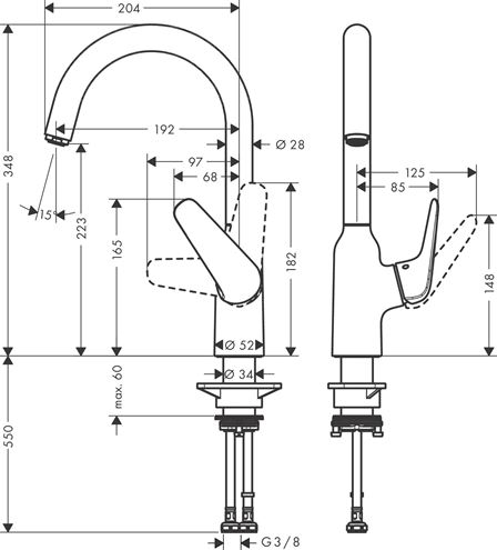 HANSGROHE FOCUS M42 dřezová baterie, nerez 71802800 Technický nákres