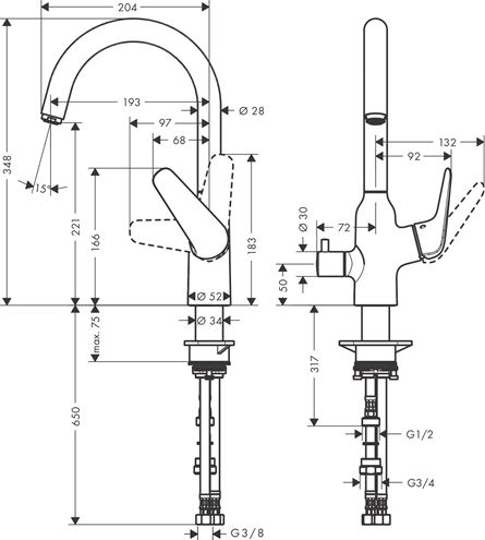 HANSGROHE FOCUS M42 dřezová baterie, s ventilem pro myčku, chrom 71803000 Technický nákres