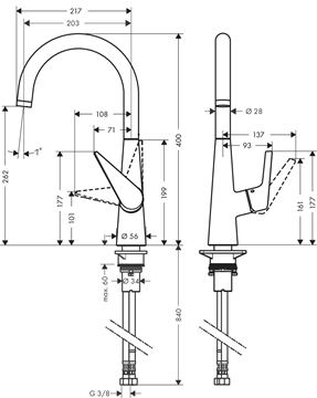 HANSGROHE TALIS M51 dřezová baterie, EcoSmart, chrom 72816000 Technický nákres