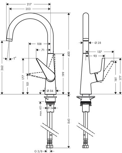 HANSGROHE TALIS M51 dřezová baterie, EcoSmart, chrom 72816000 Technický nákres