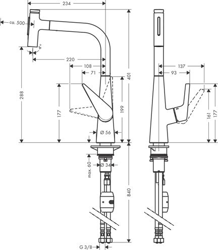 HANSGROHE TALIS SELECT M51 dřezová baterie, s vytahovací sprškou, nerez 72823800 Technický nákres