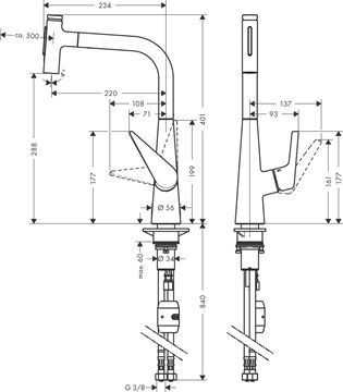 HANSGROHE TALIS SELECT M51 dřezová baterie, s vytahovací sprškou, nerez 72823800 Technický nákres
