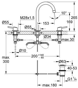 GROHE CONCETTO umyvadlová stojánková baterie, 3-otvorová, s odtokovou soupravou, chrom 20216001 Technický nákres