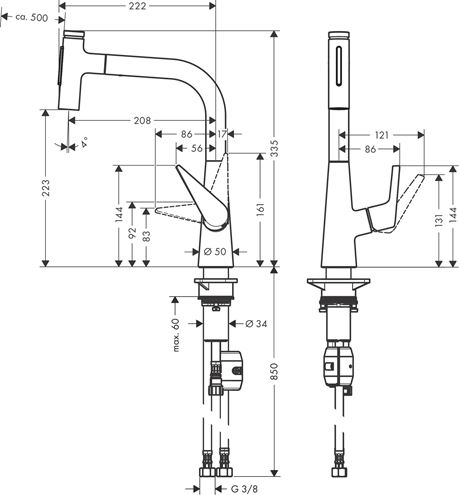 HANSGROHE TALIS SELECT M51 dřezová baterie, s vytahovací sprškou, nerez 72824800 Technický nákres