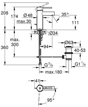 GROHE ESSENCE NEW umyvadlová stojánková baterie, s odtokovou soupravou, studený start, chrom 23379001 Technický nákres