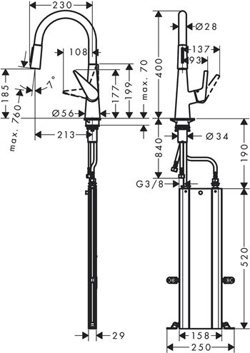 HANSGROHE TALIS M51 dřezová baterie, s vytahovací sprškou, sBox, nerez 73851800 Technický nákres