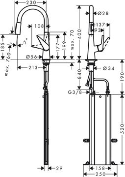 HANSGROHE TALIS M51 dřezová baterie, s vytahovací sprškou, sBox, nerez 73851800 Technický nákres