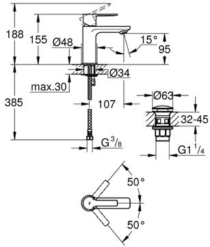 GROHE LINEARE umyvadlová stojánková baterie, s odtokovou soupravou, Water Saving, chrom 23791001 Technický nákres