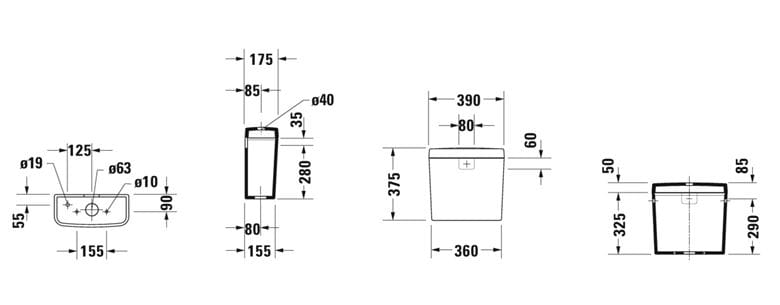 DURAVIT D-CODE WC kombi nádržka, spodní připojení vody, Dual-Flush 0940100004 Technický nákres