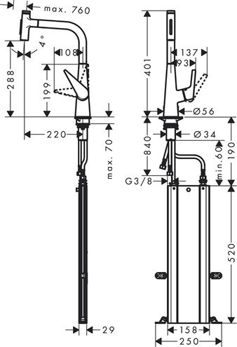HANSGROHE TALIS SELECT M51 dřezová baterie, s vytahovací sprškou, sBox, nerez 73867800 Technický nákres