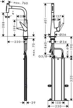 HANSGROHE TALIS SELECT M51 dřezová baterie, s vytahovací sprškou, sBox, nerez 73867800 Technický nákres