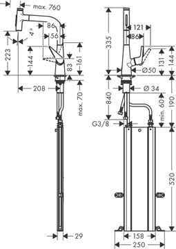 HANSGROHE TALIS SELECT M51 dřezová baterie, s vytahovací sprškou, sBox, nerez 73868800 Technický nákres