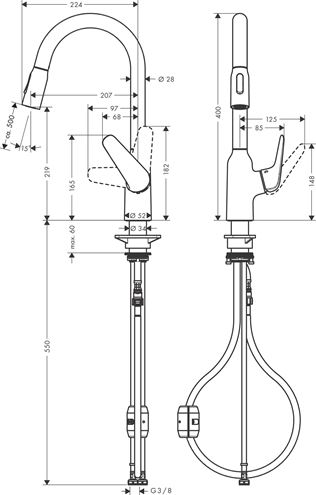 HANSGROHE FOCUS M42 dřezová baterie, s vytahovací sprškou, nerez 71800800 Technický nákres
