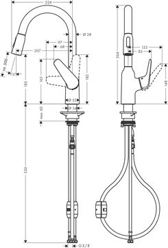 HANSGROHE FOCUS M42 dřezová baterie, s vytahovací sprškou, chrom 71801000 Technický nákres