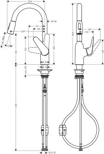 HANSGROHE FOCUS M42 dřezová baterie, s vytahovací sprškou, chrom 71801000 Technický nákres