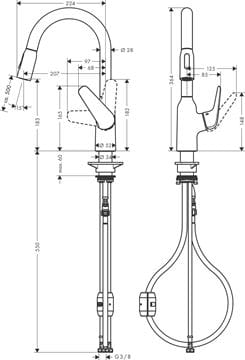 HANSGROHE FOCUS M42 dřezová baterie, s vytahovací sprškou, chrom 71801800 Technický nákres