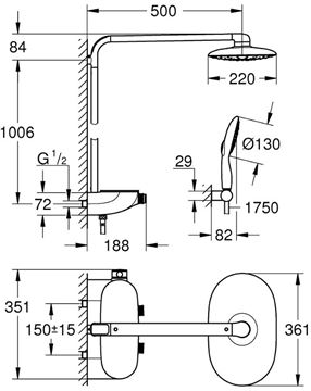 GROHE RAINSHOWER SYSTEM SMARTCONTROL MONO 360 sprchový set s termostatickou baterií, horní sprcha, ruční sprcha se 4 proudy, tyč, hadice, měsíční bílá/chrom 26361LS0 Technický nákres