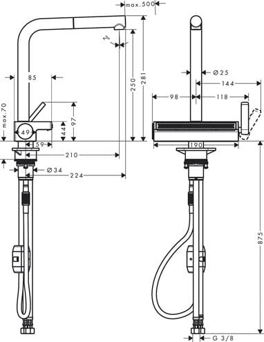 HANSGROHE AQUNO SELECT M81 dřezová baterie, s vytahovací koncovkou a plochou sprškou, nerez 73836800 Technický nákres