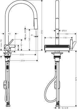 HANSGROHE AQUNO SELECT M81 dřezová baterie, s vytahovací sprškou a plochým sprchovým proudem, chrom 73837000 Technický nákres