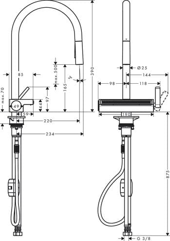 HANSGROHE AQUNO SELECT M81 dřezová baterie, s vytahovací sprškou a plochým sprchovým proudem, nerez 73837800 Technický nákres