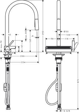 HANSGROHE AQUNO SELECT M81 dřezová baterie, s vytahovací sprškou a plochým sprchovým proudem, nerez 73837800 Technický nákres