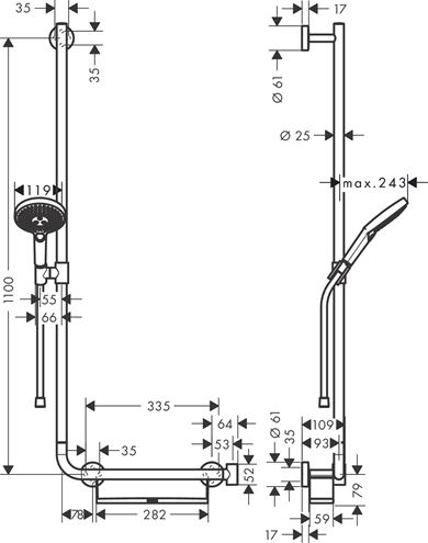 HANSGROHE RAINDANCE SELECT S 120 3JET sprchová souprava 4-dílná, ruční sprcha pr. 125 mm, 3 proudy, tyč, hadice, polička, chrom 26324000 Technický nákres