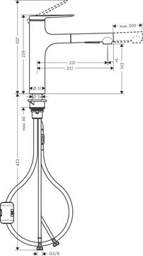 HANSGROHE ZESIS M33 dřezová baterie, s vytahovací sprškou, nerez 74801800 Technický nákres