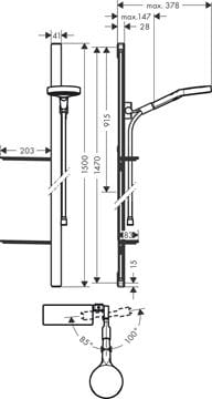HANSGROHE RAINFINITY 130 3JET sprchová souprava 4-dílná, ruční sprcha pr. 130 mm, 3 proudy, tyč, hadice, polička, EcoSmart, chrom 27674000 Technický nákres