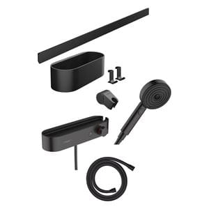 HANSGROHE WALLSTORIS sprchový set s termostatickou baterií, ruční sprcha se 3 proudy, nástěnná tyč, hadice, držák, police, háčky, EcoSmart, matná černá