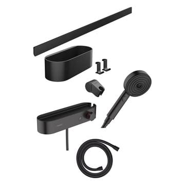 HANSGROHE WALLSTORIS sprchový set s termostatickou baterií, ruční sprcha se 3 proudy, nástěnná tyč, hadice, držák, police, háčky, EcoSmart, matná černá