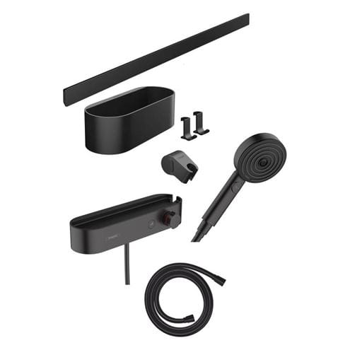 HANSGROHE WALLSTORIS sprchový set s termostatickou baterií, ruční sprcha se 3 proudy, nástěnná tyč, hadice, držák, police, háčky, EcoSmart, matná černá 24250670 Obrázek - Hlavní obrázek